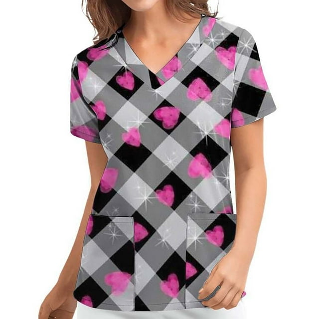 EQWLJWE Haut de Sarrau à Manches Courtes à Col en V Extensible à Imprimé Cœur pour Femme Grande Taille, Halloween,
