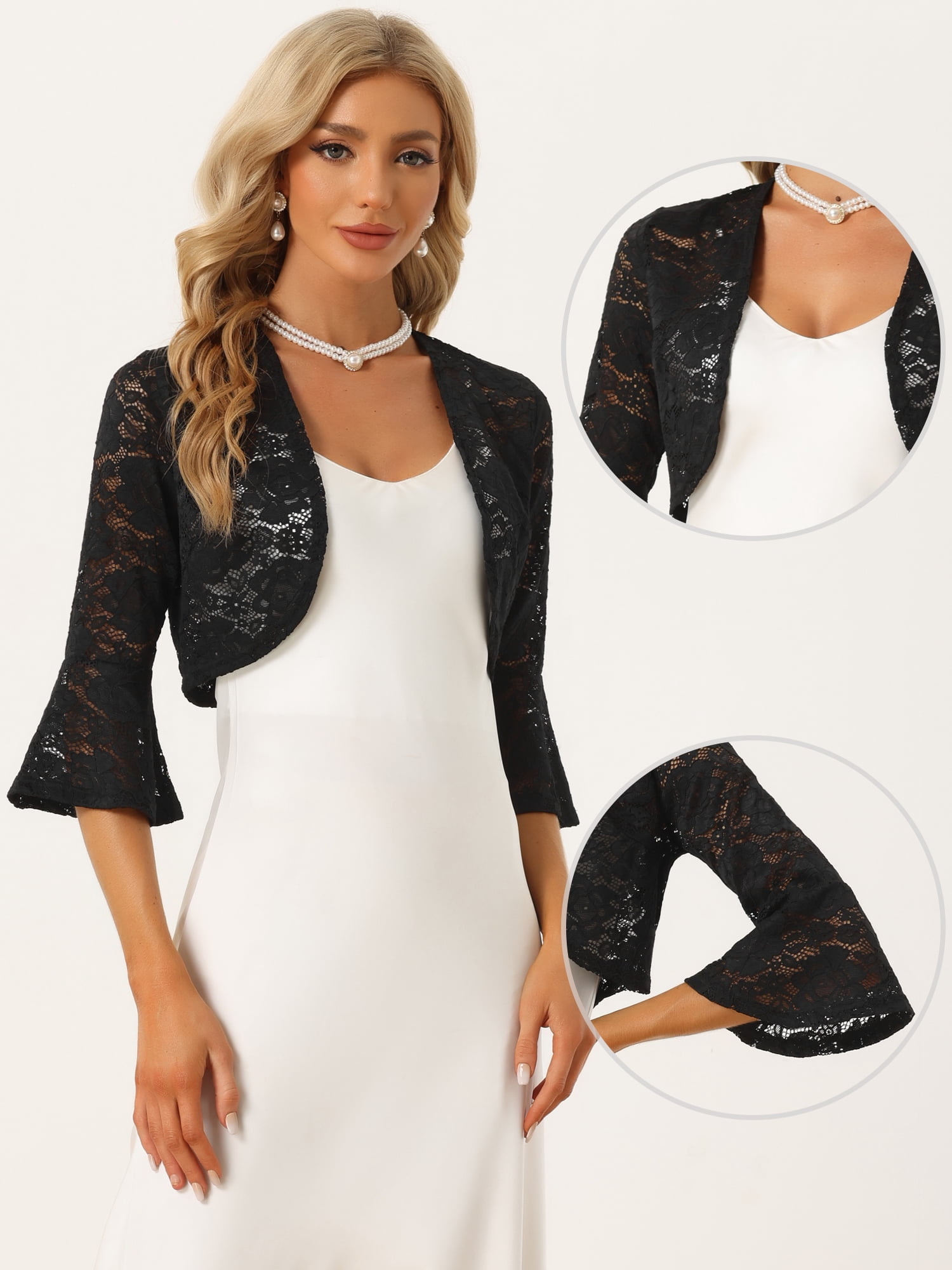 DARING DIVA Bell Sleeves Floral Lace Cardigan Cropped Shrug Tops M Black