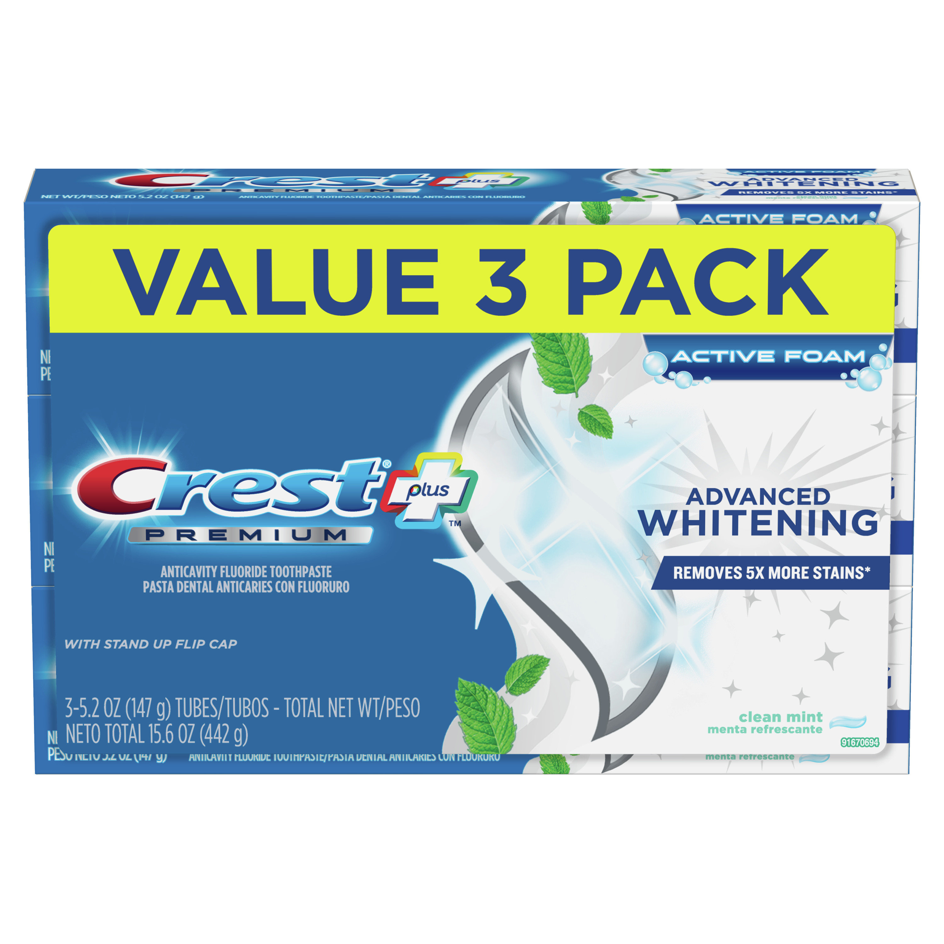 Crest Premium Plus Advanced Whitening Toothpaste, Mint, 5.2 oz, 3 Pk - image 7 of 8