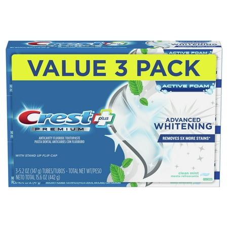 Crest Premium Plus Advanced Whitening Toothpaste, Mint, 5.2 oz, 3 Pk