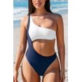thumbnail image 5 of Women's One Piece Swimsuit White Navy One Shoulder Color Block Cutout Bathing Suit, 5 of 5