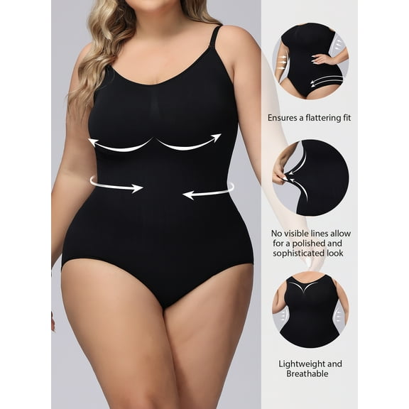 Elegant Plus Size Bodysuit - Polyamide & Elastane High Support Knit Fabric, Solid Color, No Padding, Placket Bodysuits for Women
