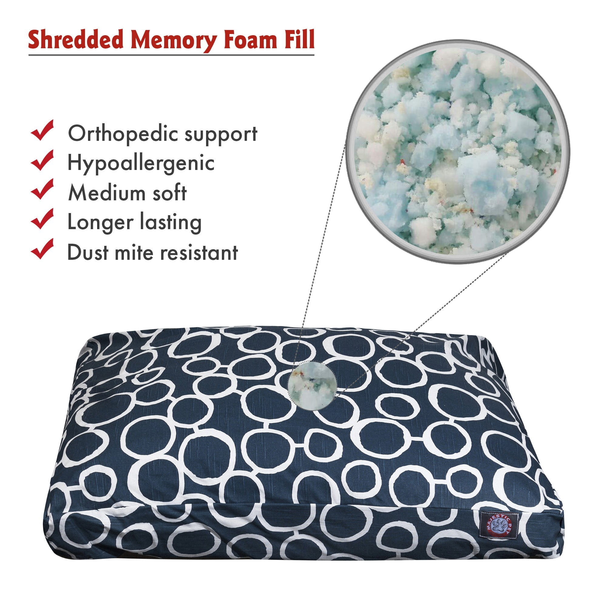 Majestic Pet | Fusion Shredded Memory Foam Rectangle Pet Bed For Dogs, Removable Cover, Navy Blue, Medium