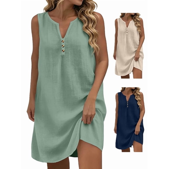Afuyipoi Womens 100% Cotton Sleeveless Button Strap Loose Casual Mini Dress, Soft Breathable Solid Color Shift Dress, Lightweight Flowy Summer Beach Daily Dress For Women Mint Green Size L