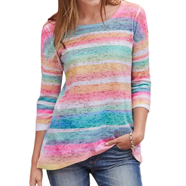 Daeful Ladies Tops Rainbow Stripes T Shirt Office Long Sleeve