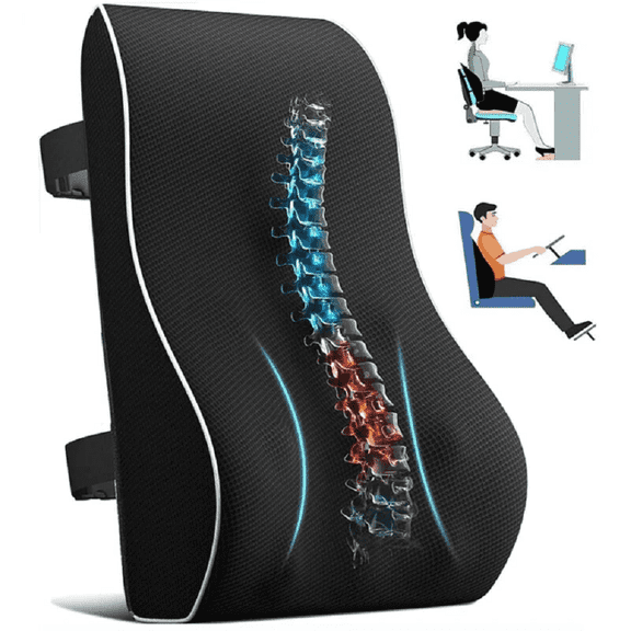 Beiled Lumbar Support Pillow for Office Chair and Car, Ergonomic Memory Foam Back Cushion, Large Size Wedge Backrest, Black