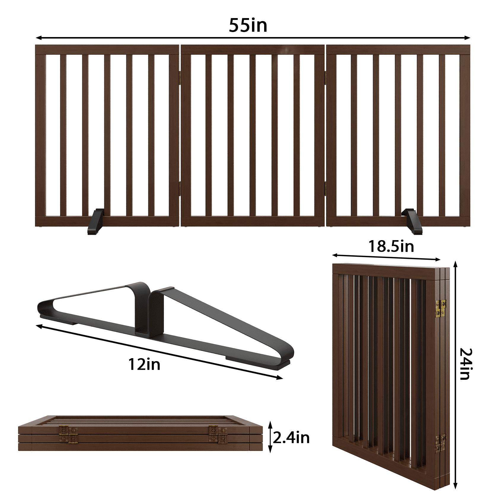 Smart FENDEE Bamboo Dog Gate Freestanding 3 Panel Pet Gate for Doorways, 2 Support Feet, Espresso