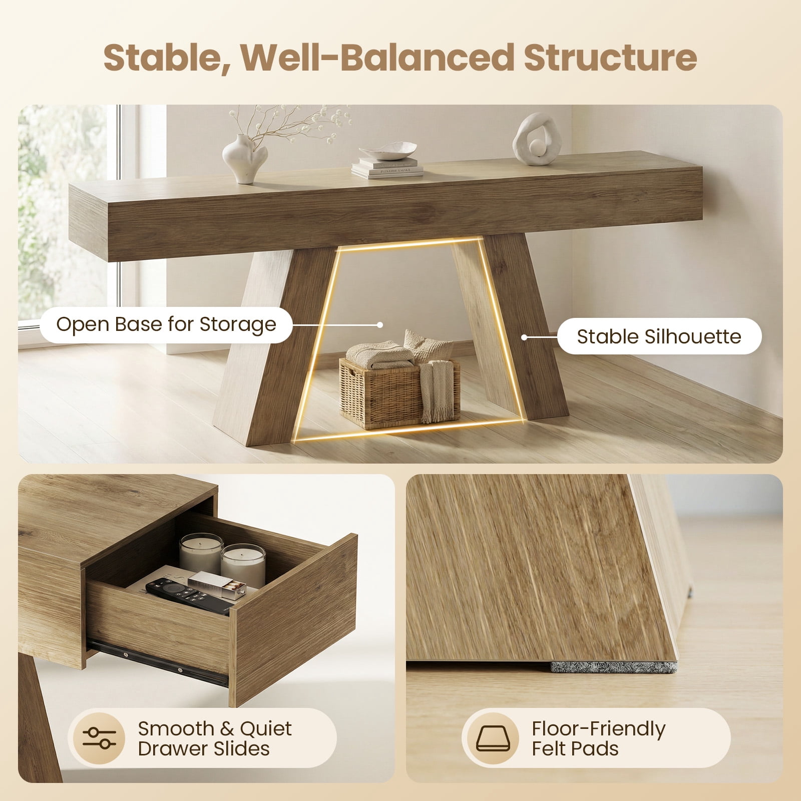 Advwin 63" Console Table with Storage Drawers, Extra Long Sofa Table for Entryway or Behind Couch, Farmhouse Narrow Hallway Table with Floor Protection Pads, Natural Wood