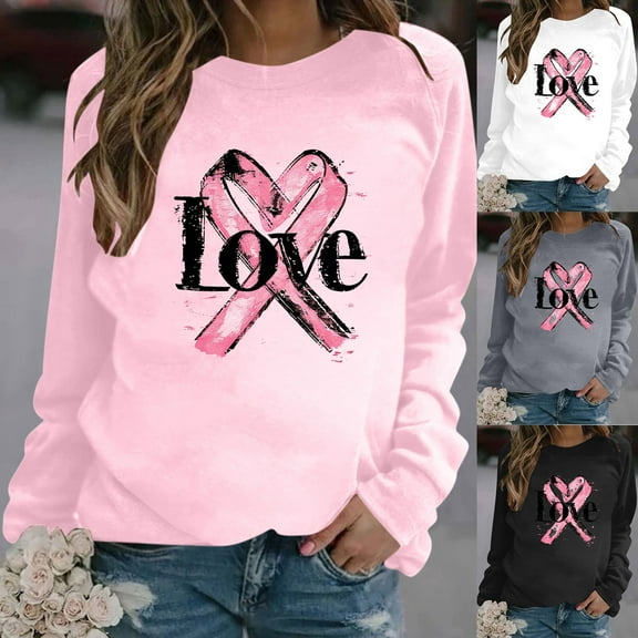 Jinhomg Womens Breast Cancer Awareness T-Shirt long Sleeve Pink Ribbon Graphic Tees Fall Dressy Casual Crew Neck Sweatshirt Black XXL