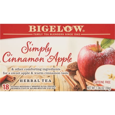 Bigelow Simply Cinnamon Apple Seasonal Tea, Caffeine Free, Herbal Tea Bags, 18 Count