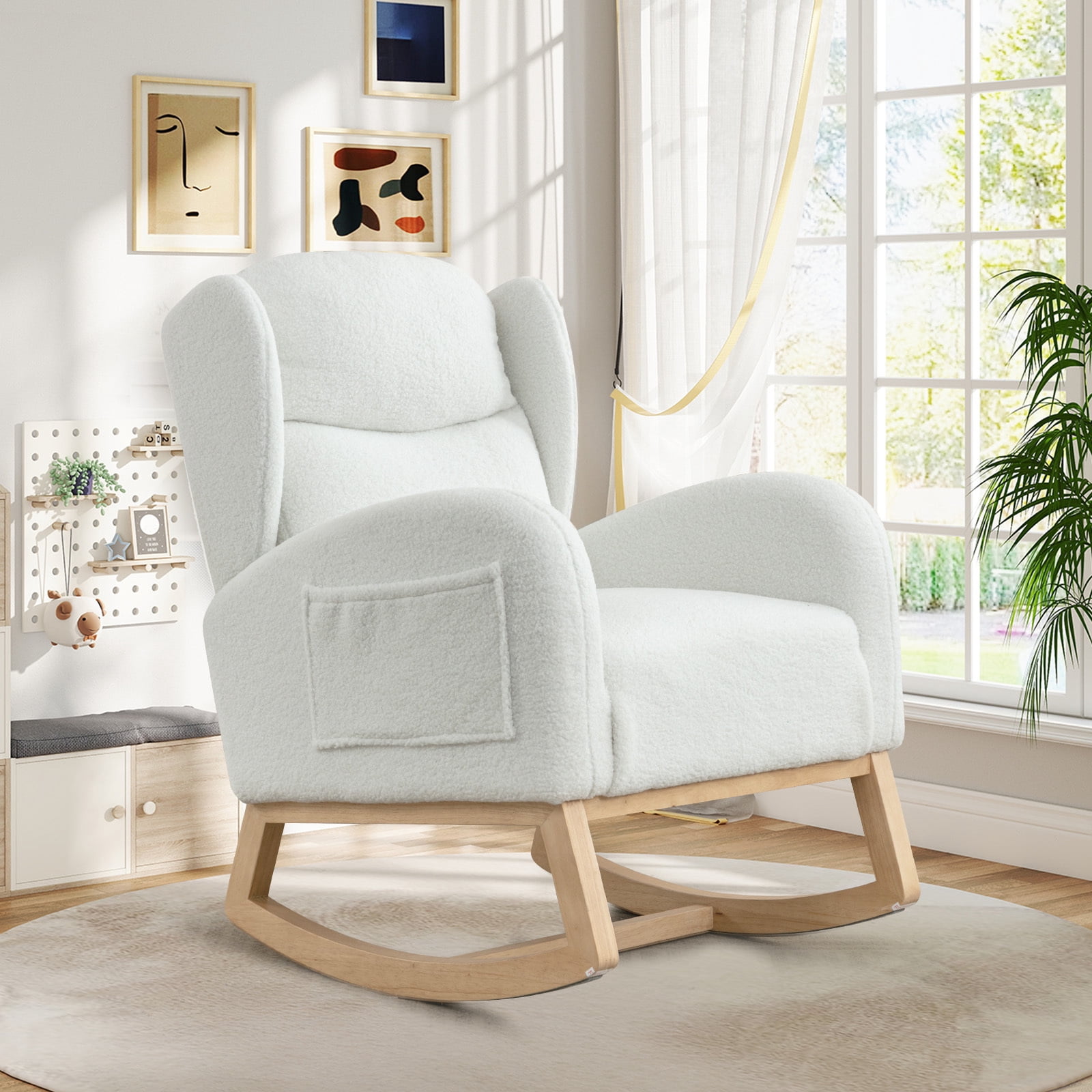 Lunale Indoor Rocking Chair, Upholstered Accent Rocker Chair with Wood Legs, Ivory Teddy