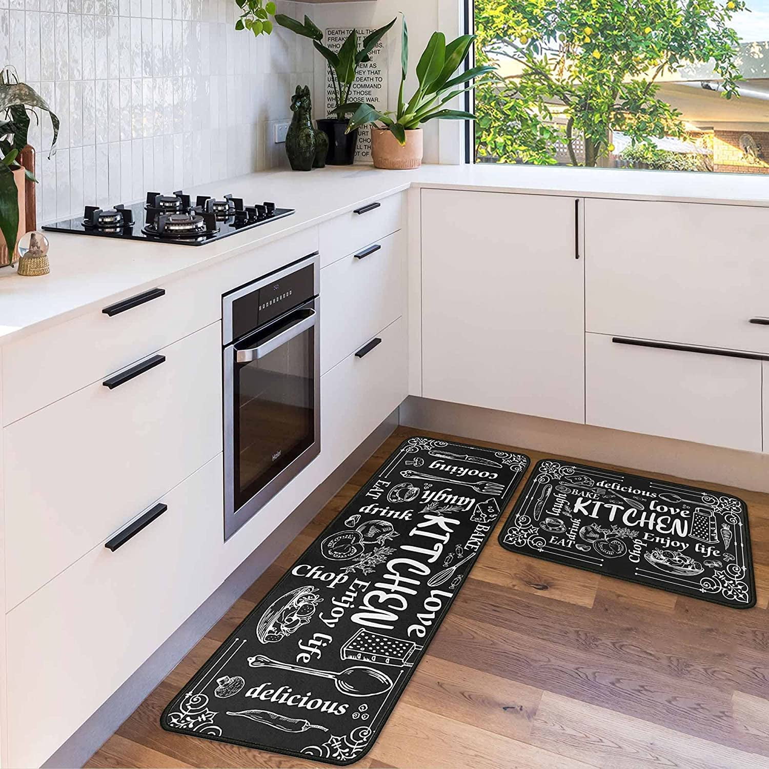 OUXIOAZ Black Kitchen Rugs and Mats Set of 2 Pieces NonSkid Washable