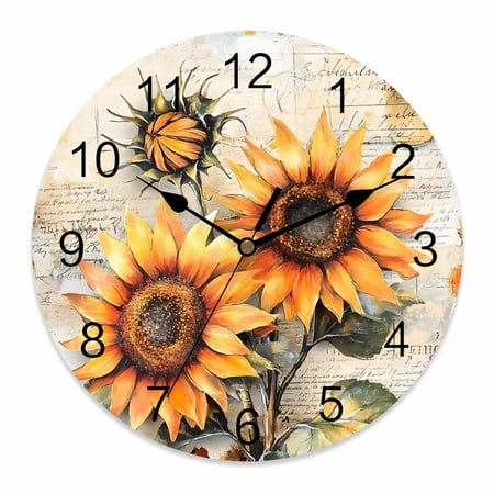 Wall Clock 14 inch Yellow Sunflower Leaf Battery Operated Clocks Silent Non-Ticking Wallclock Vintage Letter Round Decorative Wall Clocks for Home Office School