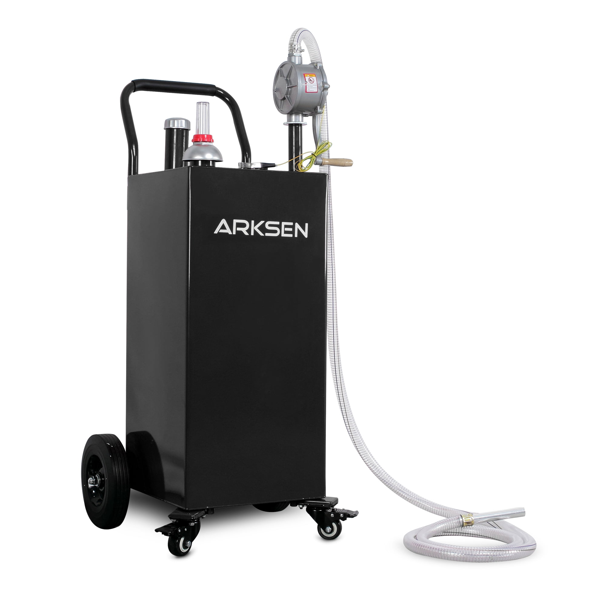 Black Arksen 35 Gallon Portable Gas Caddy Fuel Storage Tank Large Gasoline Diesel Can Hand Siphon Pump Rolling Flat-Free Solid Rubber Wheels Boat ATV Car Motorcycle 