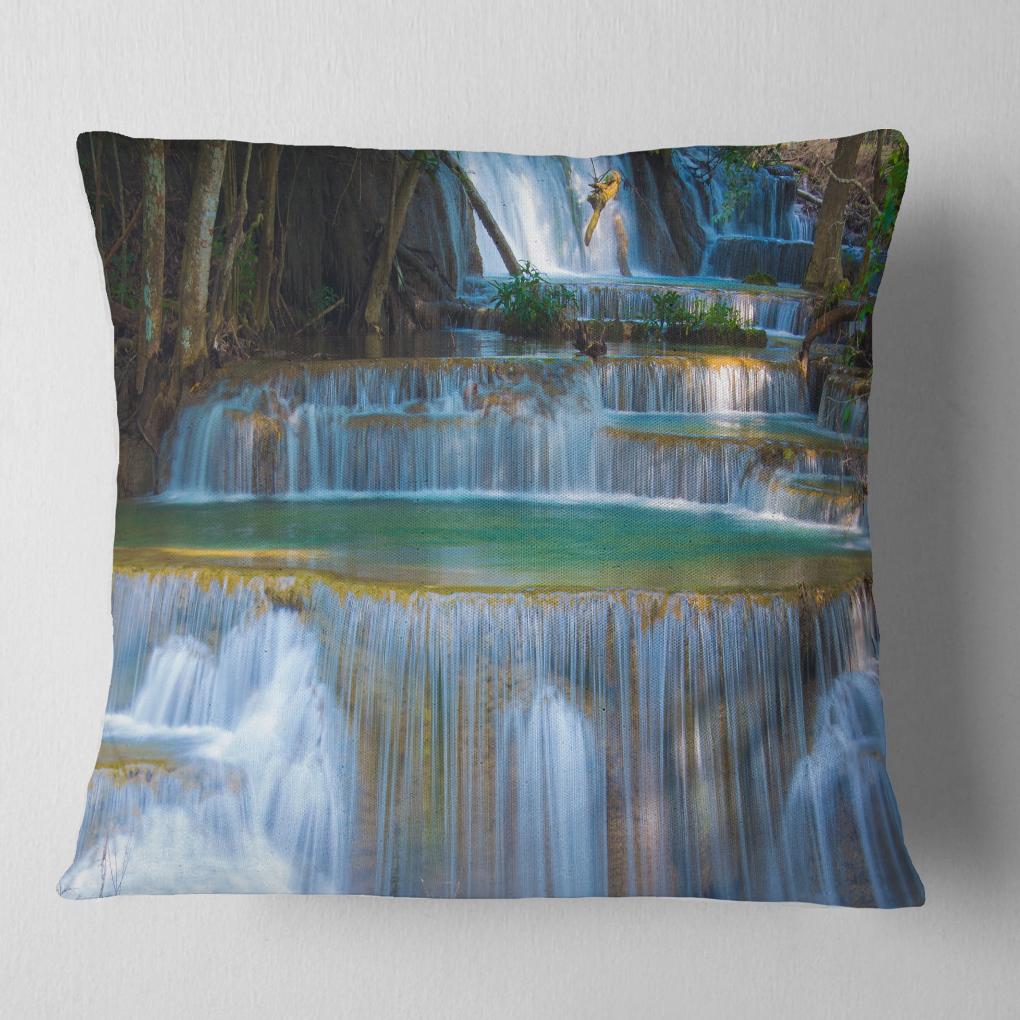 Designart Deep Forest Waterfall Thailand - Landscape Photography Throw Pillow - 16x16
