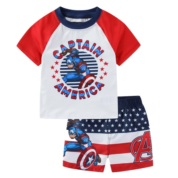 Marvel Captain America UPF 50 Rash Guard and Swim Trunks Shorts Swimwear Set (Boys), 2 Piece Set, Sizes 3T-10