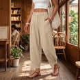thumbnail image 4 of Linen Barrel Pants Women Cotton Palazzo High Waisted Balloon Pants Summer Casual Beach Boho Wide Leg Baggy Trousers Khaki L, 4 of 8