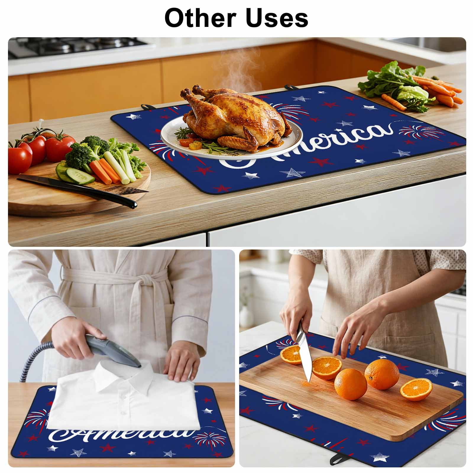 American Independence Day Stove Top Cover for Electric Stove, Heat-proof & Non Slip Glass Top Stove Cover Protector, Red Blue Fireworks Retro Stars Kitchen Flat Cooktop Rubber Mat 24x21 Inches