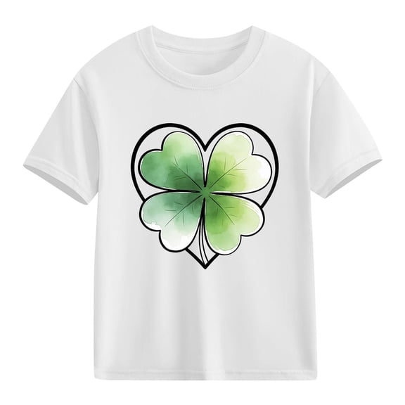 Girls White Cotton T-Shirt | Kids Good Fortune Four Leaf Clover St Patrick's Day Top | Cute Short Sleeve Graphic Tee,Size 7 T