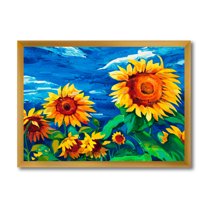 Designart 'Sunflowers Field Under A Bright Blue Sky' Traditional Framed Art Print