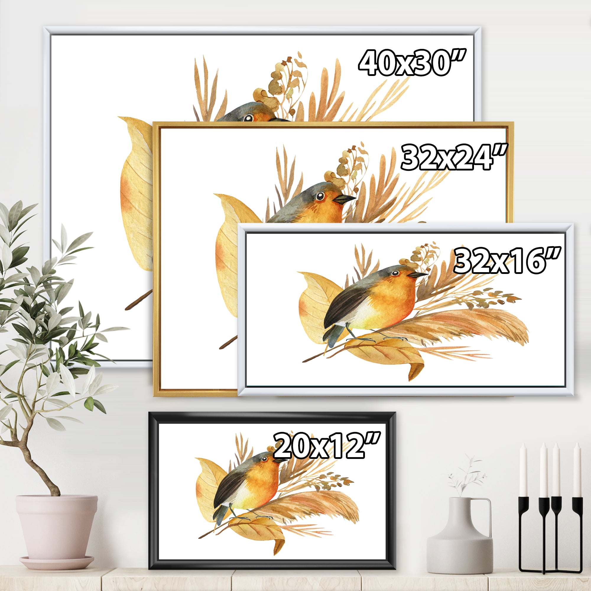 Designart 'Autumn Flowers and Robin Bird' Traditional Framed Canvas Wall Art Print