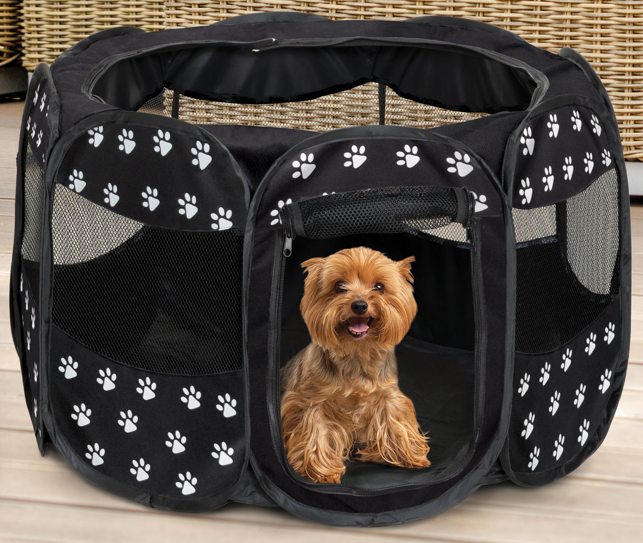 Portable Paw-Print Playpen - Mesh Sides, Zippered Top, Water-Resistant Base