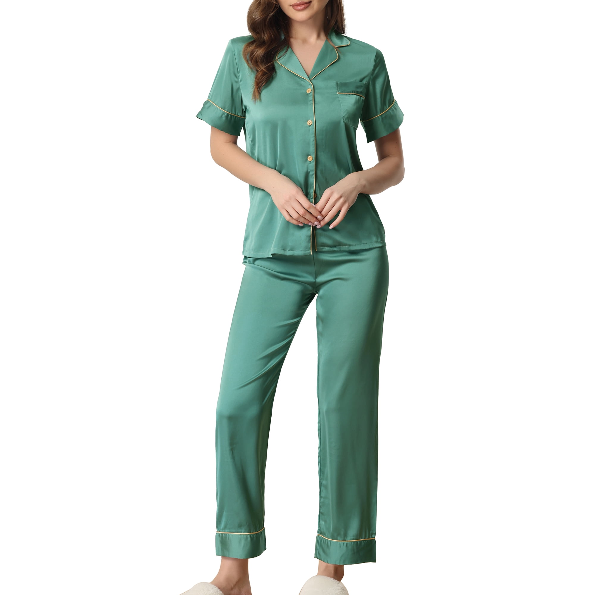 Unique Bargains Women s Satin Sleepwear Short Sleeve Button Down T Shirt with Pants Couple Pajama Sets Green S Walmart