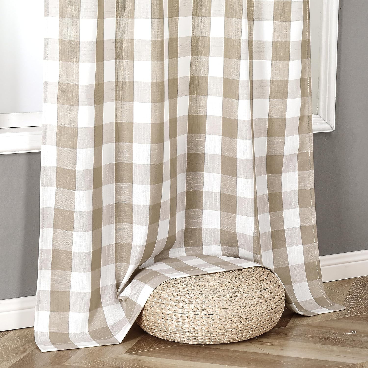 Plaid Grommet Curtains, Tan Semi-Sheer Gingham Check Farmhouse Rustic Textured Curtains Drapery for Living Room Bedroom, Linen & White 42"W x 63"L (Pack of 2)