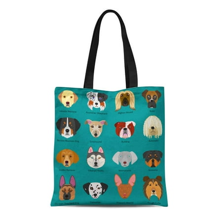 KDAGR Canvas Tote Bag Blue Retriever Dog Faces Breeds Name Colorful Golden Shepherd Reusable Shoulder Grocery Shopping Bags