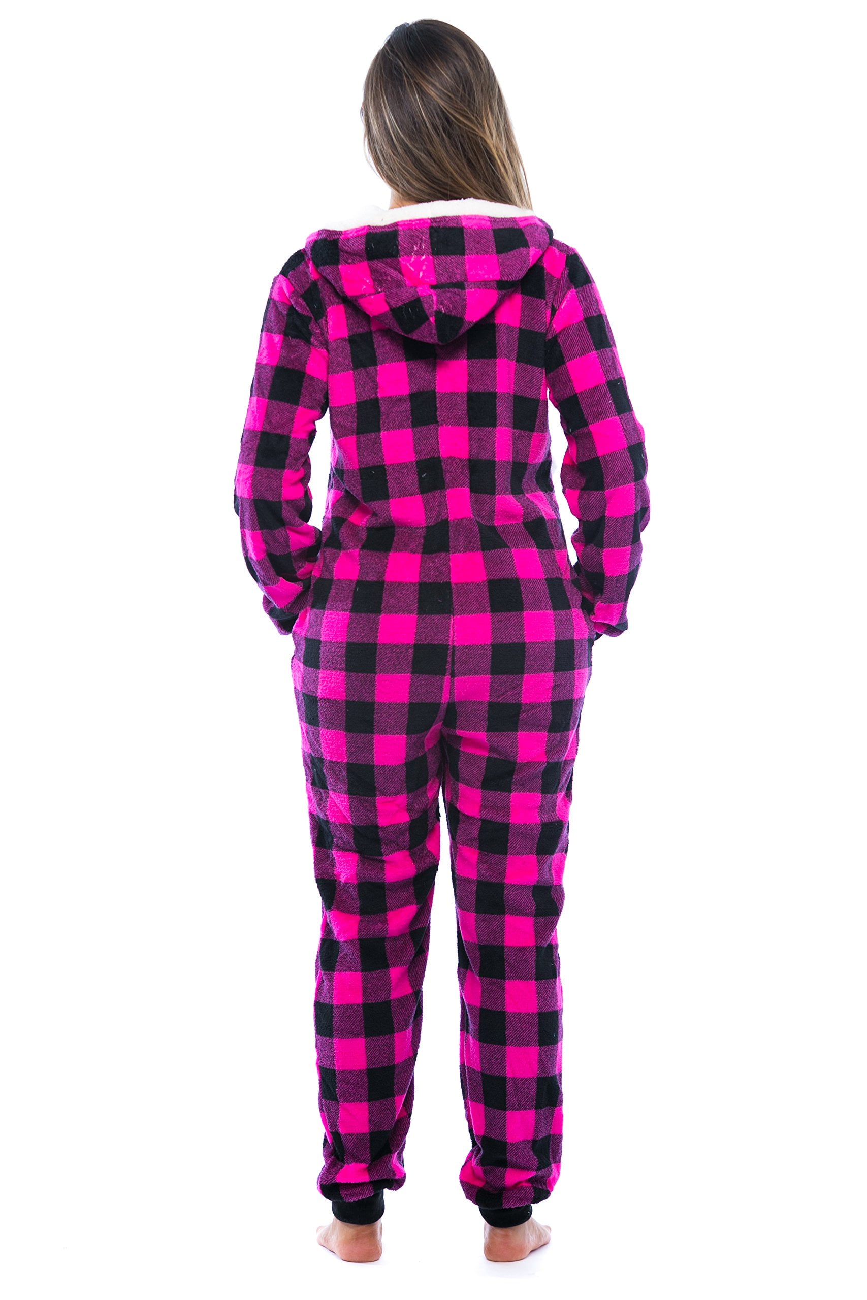 Just Love Buffalo Plaid Adult Onesie Sherpa Lined Hoody One Piece Pajamas (Fuchsia Buffalo Plaid, Small)
