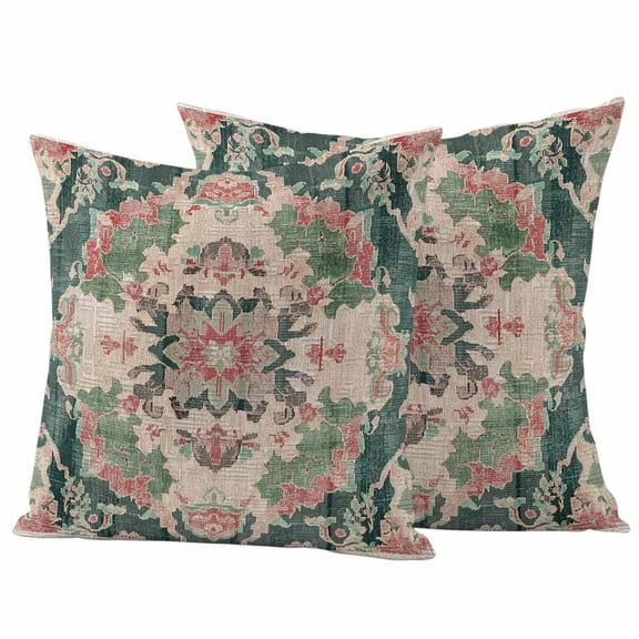 Pink Green Boho Outdoor Pillow Covers 18"x18" Set of 2,Waterproof Throw Pillow Covers for Patio Furniture,Abstract Medieval Vintage Ethnic Floral Decorative Cushion Pillowcases for Garden Couch Sofa