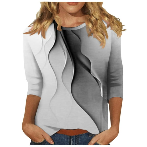 HaoXianJian Womens Shirts 3/4 Sleeve Crew Neck Shirts Gradient Color Top for Women 2025 Loose Fits T Shirt Summer Tee Shirts Going Out Top