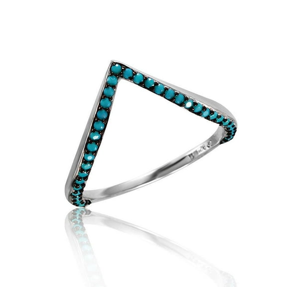 Rhodium Plated Sterling Silver 925 Chevron V Ring Simulated Turquoise Blue CZ Female Size 5