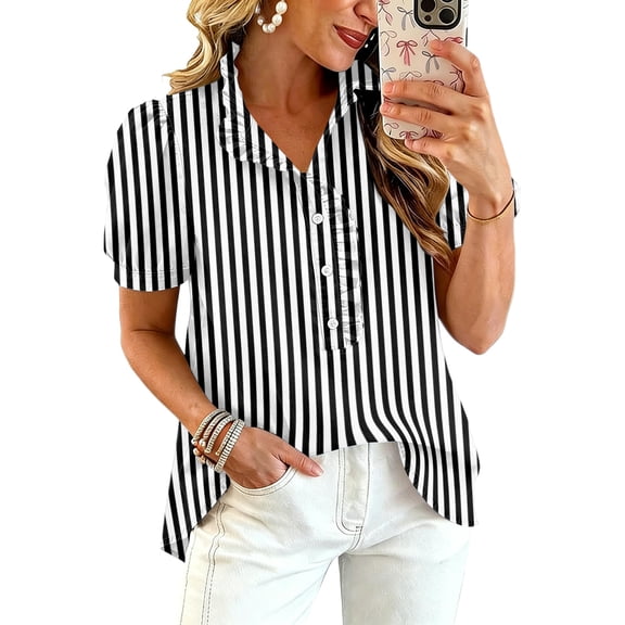 Womens Striped Pattern Shirts Short Sleeve Button Ruffle Stand Collar Shirt Puff Tighten Cuffs Fashion Top Summer Dressy Casual Loose Tops S Black