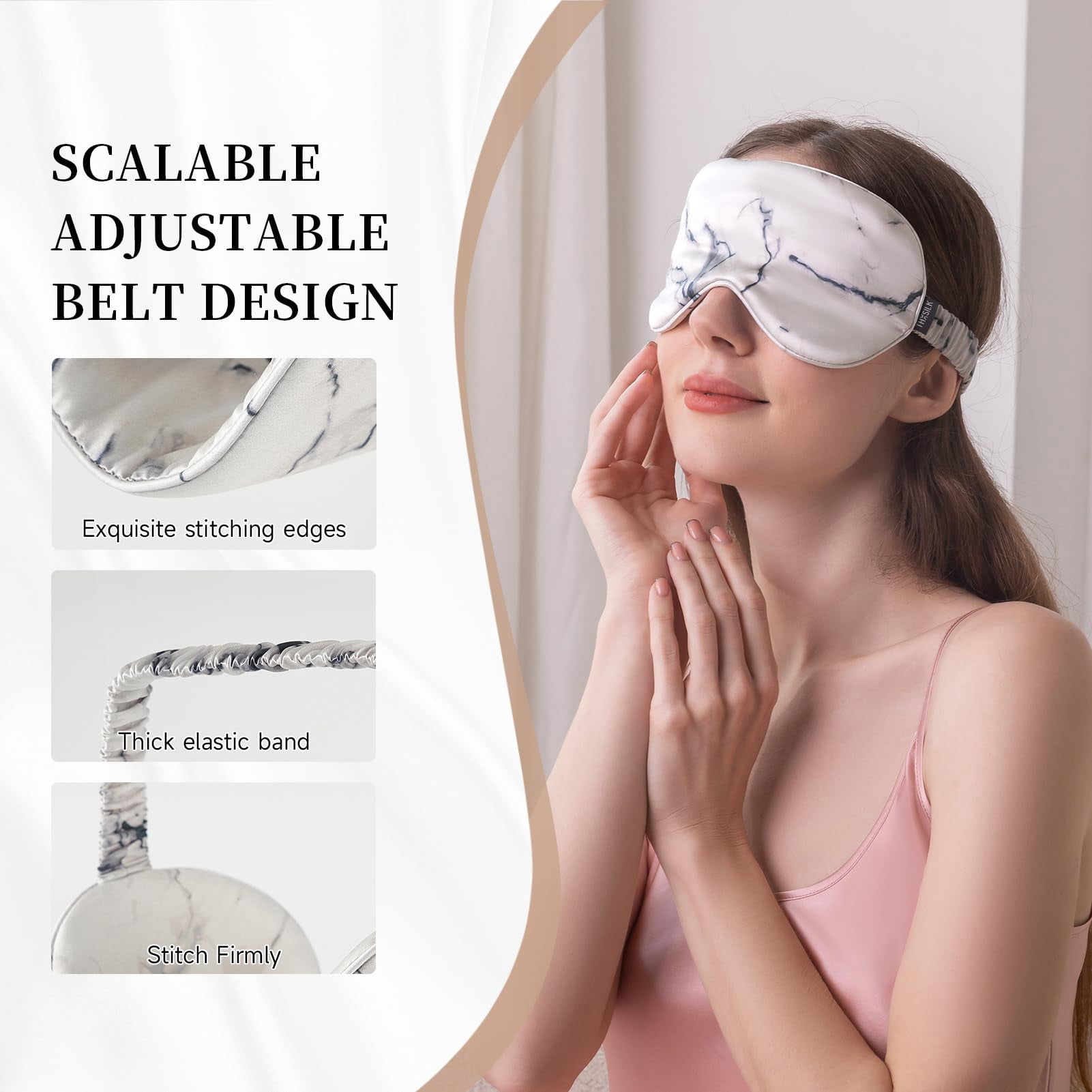 THXSILK Silk Mask for Sleep, 19 Momme Mulberry Silk Eye Mask, 100% Real Natural Pure Silk Eye Sleep Shade Cover, Grey Marble