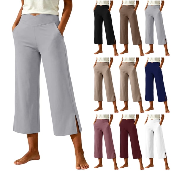 Bloomae Capri Pants for Women Wide Leg Side Slit Hem Yoga Dress Capris with Pockets Crossover Elastic High Waist Loose Casual Work Cropped Pants