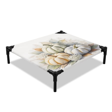 Fall Pumpkin Elevated Dog Bed Watercolor White Flowers Leaf Thanksgiving Day Cooling Breathable Outdoor Raised Dog Cot Bed with Metal Frame Non-Slip Feet for Small Dog 20x20in