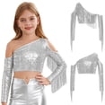 thumbnail image 5 of vastwit Girls Sequin Irregular Crop Top Tassels Off Shoulder Long Sleeve Dance Shirts for Performance Silver 6, 5 of 7