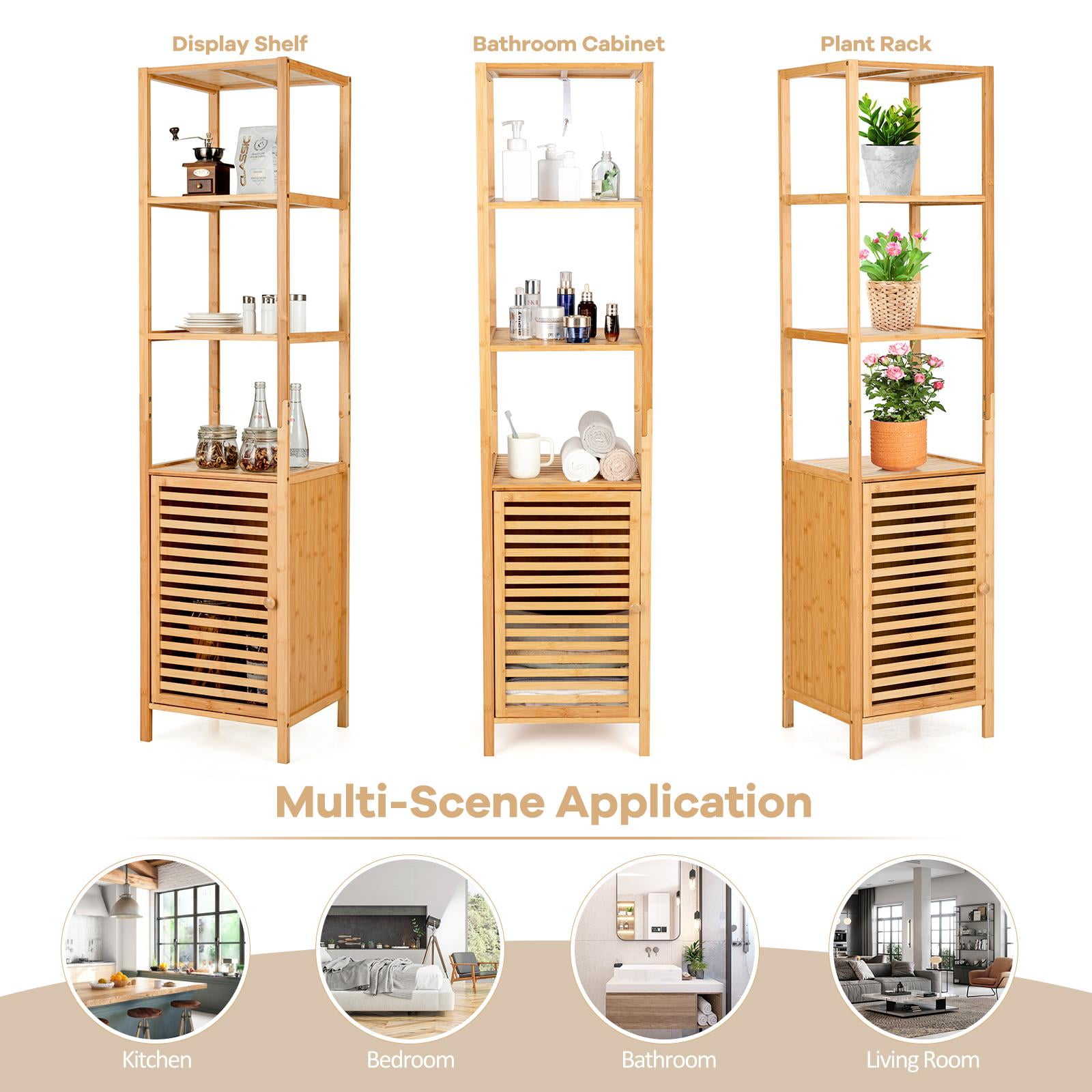 Giantex Tall Bamboo Cabinet, Slim Narrow Floor Freestanding Linen Tower Rack for Bathroom, Living Room or Kitchen