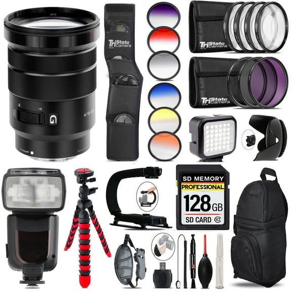 Sony E PZ 18-105mm f/4 G OSS Lens  LED Light - 128GB Accessory Bundle (International Version)