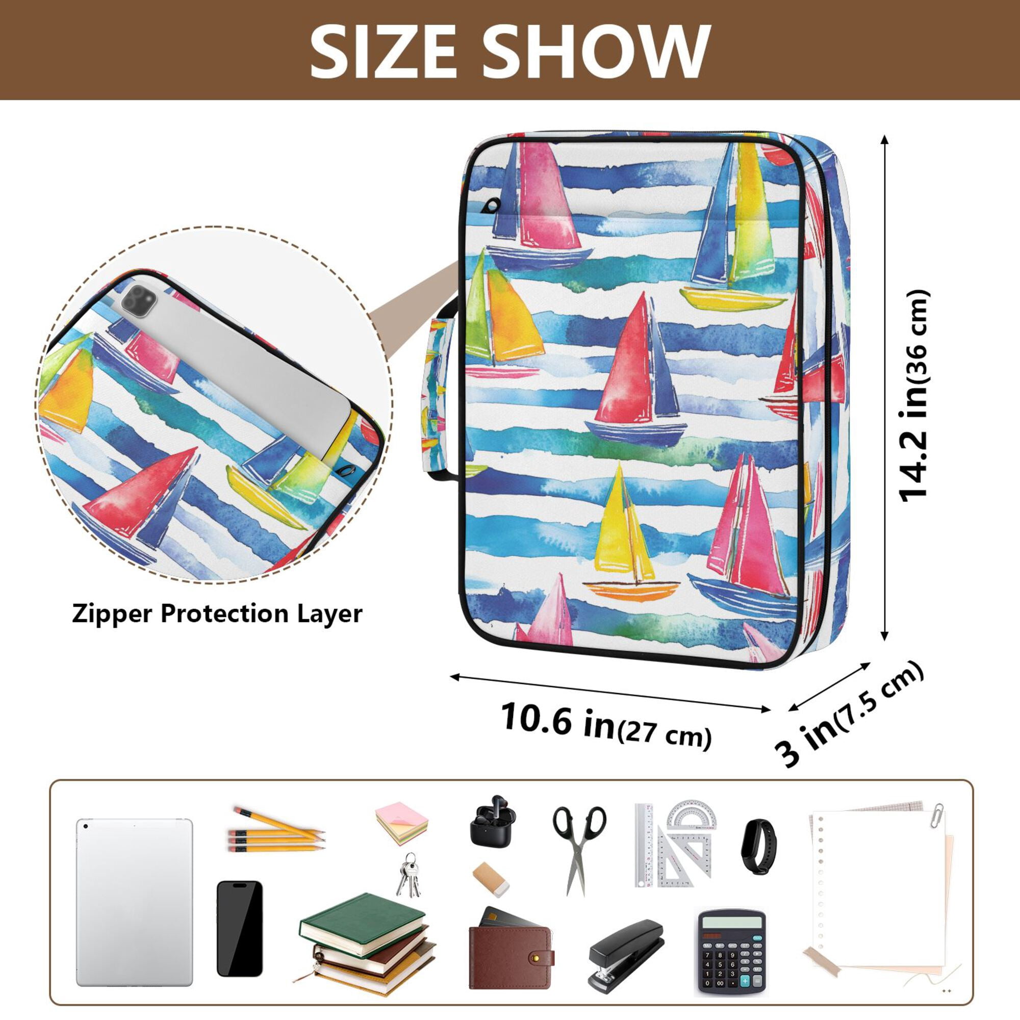 FORMRS Accordion File Folder A4 Size 7-Pocket Expanding Document Organizer Bag with 3 Ring Binder, Yellow Hand Drawn Sailboats