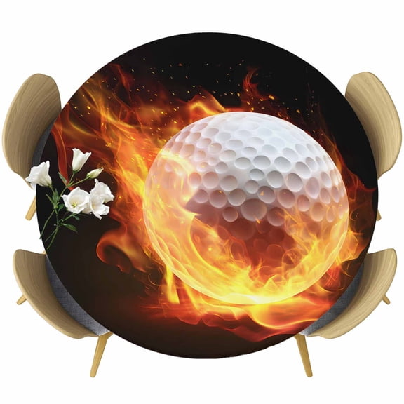 Golf Ball Round Tablecloth, Fitted Table Cover with Elastic for 55"-60" Round Tables, Sport Modern Glowing Burning Classic Art Table Cloth Outdoor Indoor Dinning Party Waterproof Tablecloths
