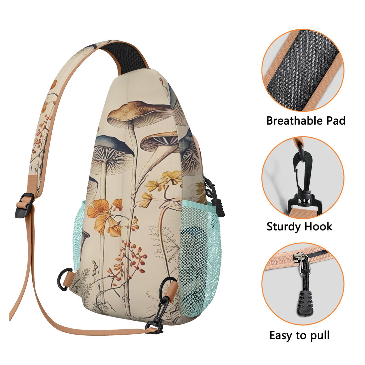 Mushroom Sling Backpack, Boho Crossbody Bag with Vintage  display picture 3