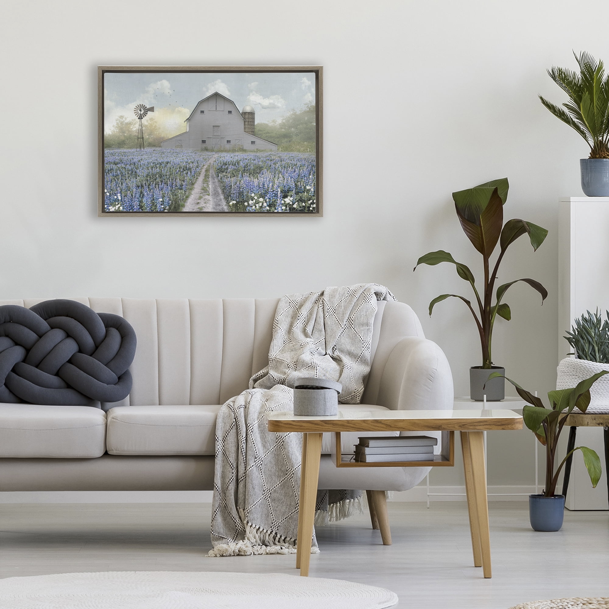 Stupell Industries Meadow of Blue Flowers & Barn Brown Framed Floater Canvas Wall Art, design by Nan