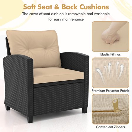 Costway 3 PCS Patio Furniture Set with Tempered Glass Coffee Table Washable Cushions - Beige,Black