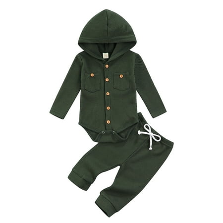 

Sunisery 2Pcs Autumn Newborn Baby Boys Girls Clothes Sets Knitted Long Sleeve Hooded Bodysuits Tops + Pants Army Green 12-18 Months