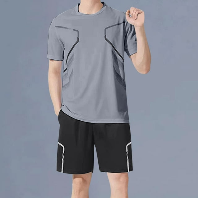 Handshe Men's Summer Solid Color Round Neck Short - Sleeved & Shorts Casual Sport Set