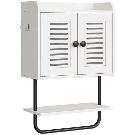 HOOBRO Medicine Cabinet, Double Doors Bathroom Wall Cabinet with Towel Bar, Adjustable Shelf, 2 Hooks, Over The Toilet Storage Cabinet, for Bedroom, Kitchen, White BW46CW01