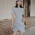thumbnail image 3 of Women‘s Ruffled Drawstring Slim O Neck Dress Short Sleeve Solid Casual Lace Up Ruffles A-line Dresses Black XL, 3 of 7