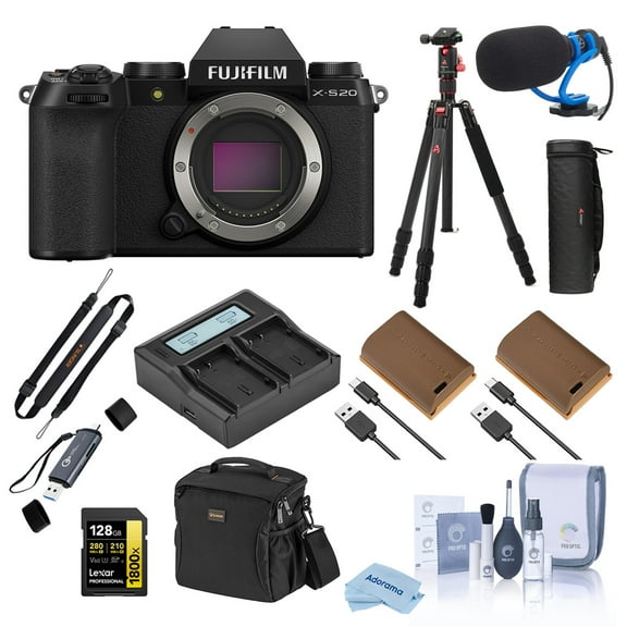 Fujifilm X-S20 Mirrorless Camera, Black, Bundle with 128GB Memory Card, 2x Battery, Tripod, Shotgun Microphone and Backpack